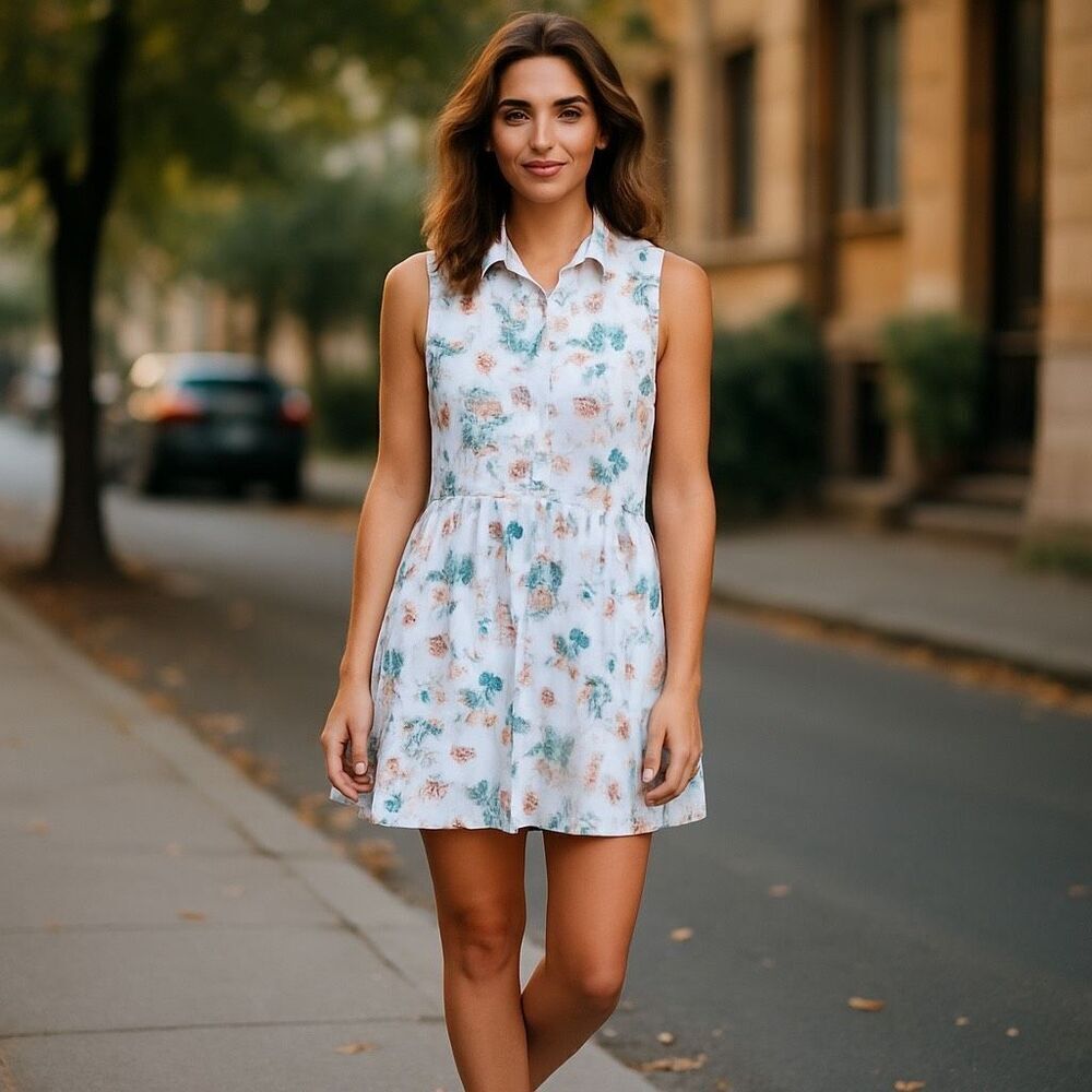 J.Jill Love Linen Sleeveless Shirt Dress XS Floral Button Front Summer Casual